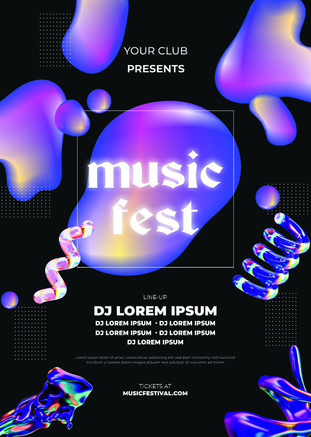 Music Poster Template With Liquid Effect and Abstract 3D Shapes Free CDR Download For Free