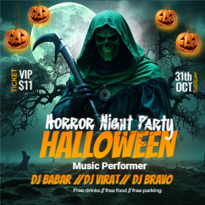 Happy Halloween Night Part Flyer Design With Green Reaper For Free with Customize text and Images