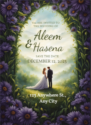 Green And Violet Illustration Floral Wedding Invitation Poster
