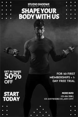 Black White Modern Fitness Center Poster template design download for free