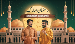 Ramadan Mubarak Wishing Greeting With Two Mens Template Download For Free