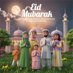 A stunning 3D render of a traditional Muslim greeting for Eid Mubara