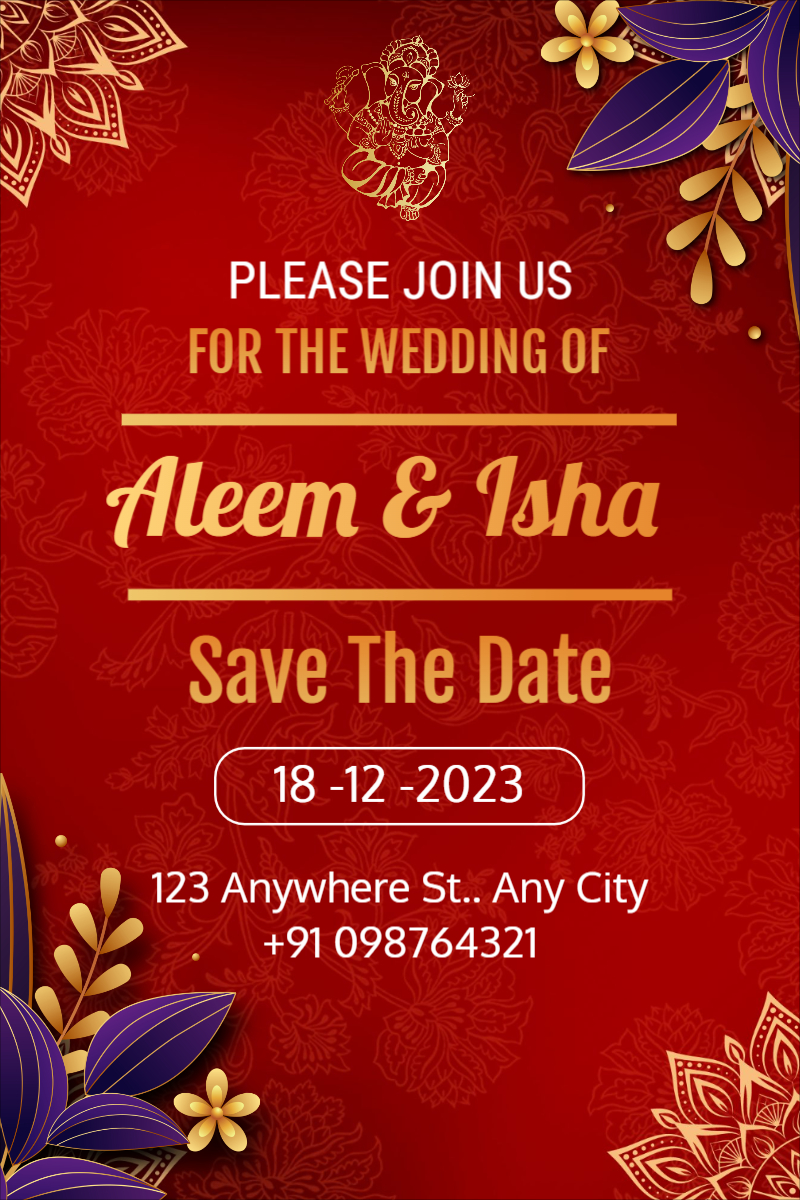 Gold and Red Classic Traditional Floral Patterned Indian Wedding Invitation