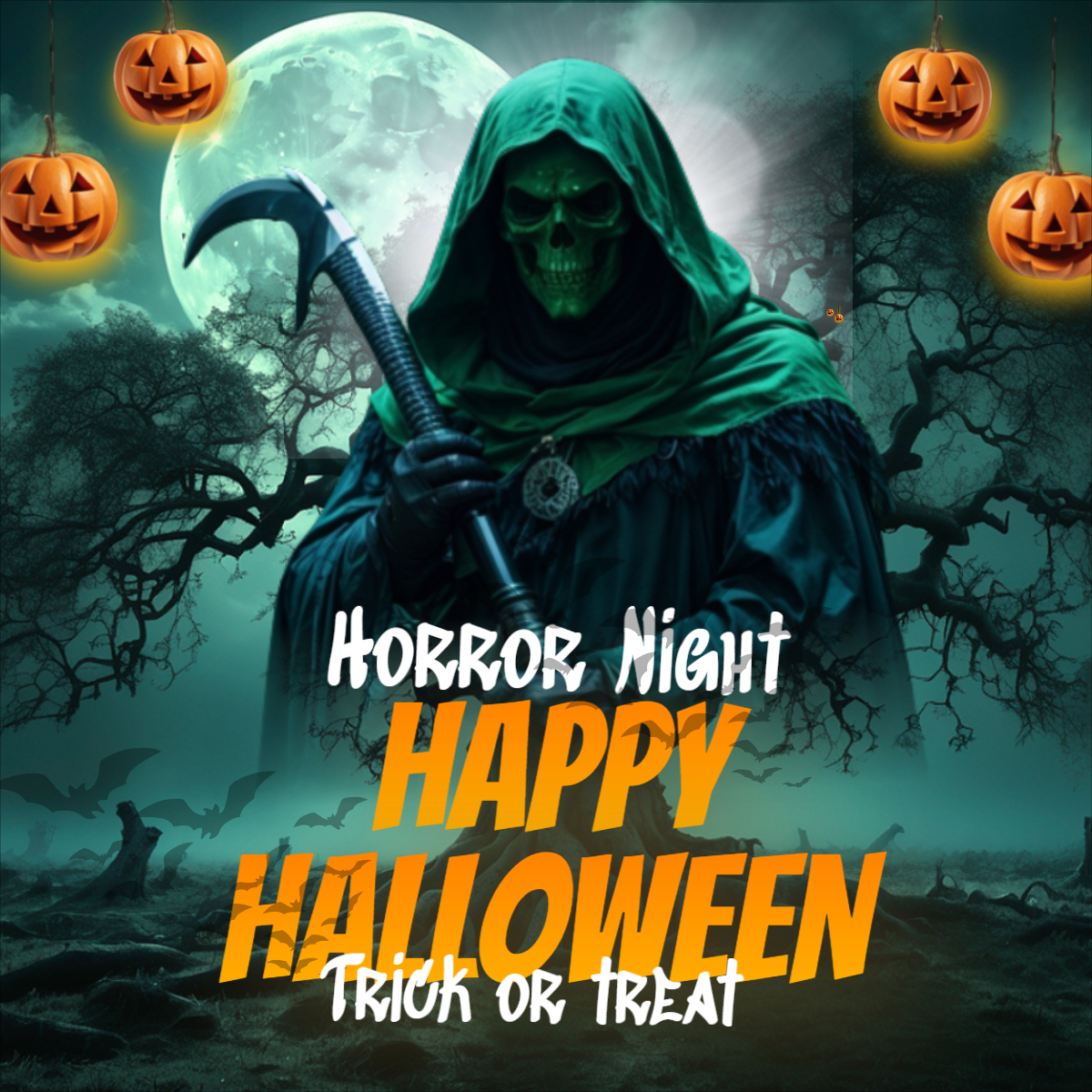 Happy Halloween Greeting Design With Green Reaper For Free with Customize text and Images