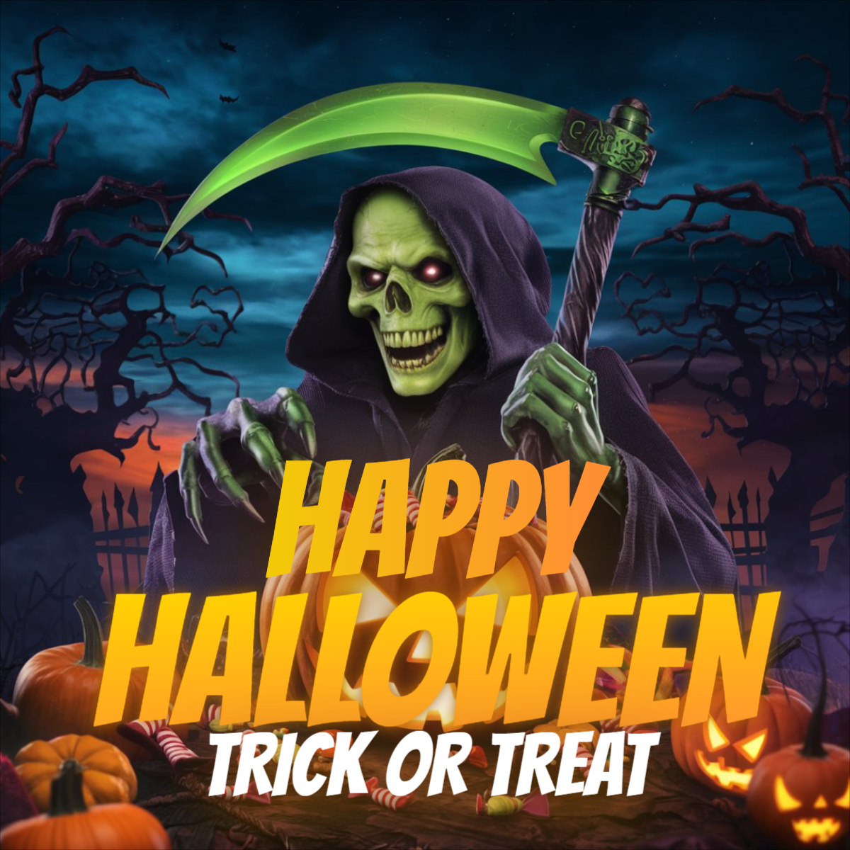 Happy Halloween Greeting Design With Green Reaper For Free with Customize text and Images