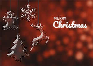Christmas Background with hanging transparent christmas tree, snowflakes, reindeer etc.